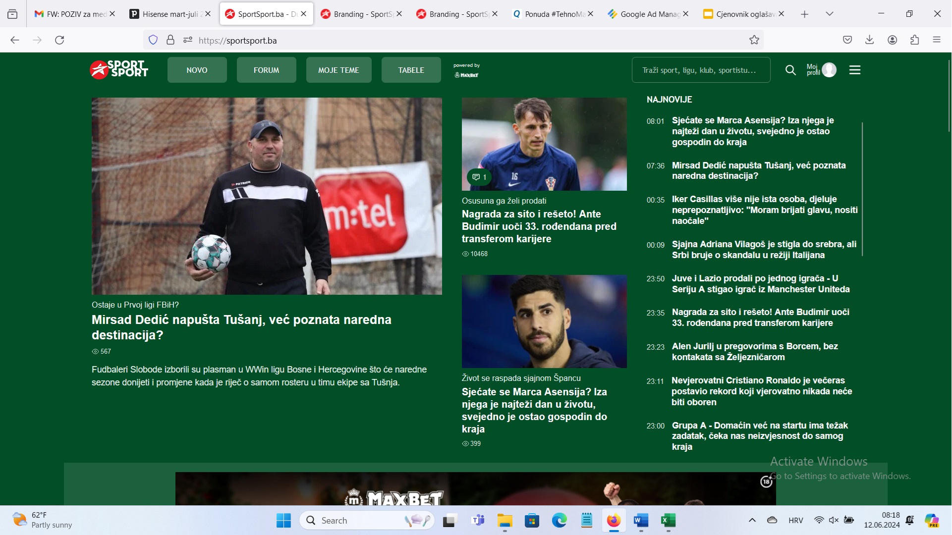 MaxBet homepage branding on SportSport.ba desktop