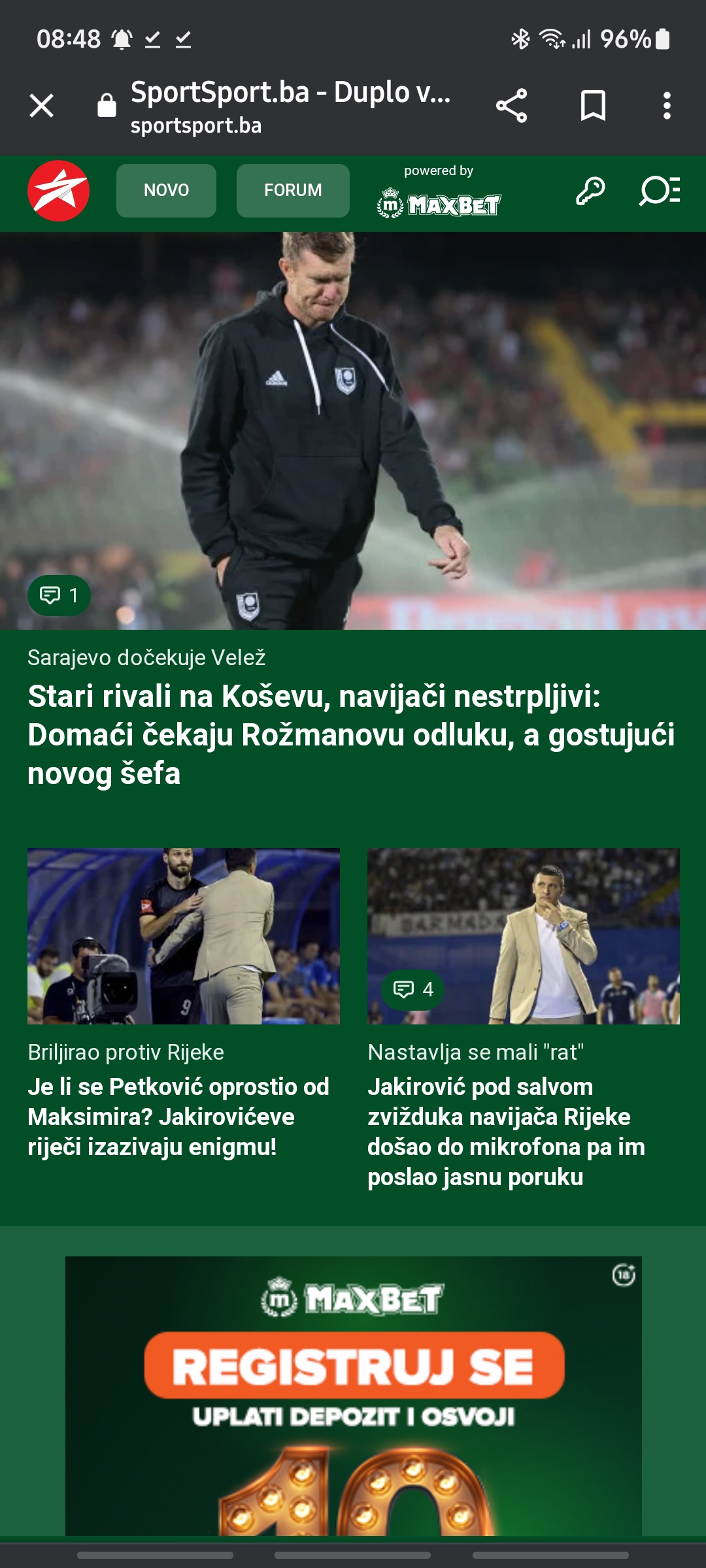 MaxBet homepage branding on SportSport.ba mobile